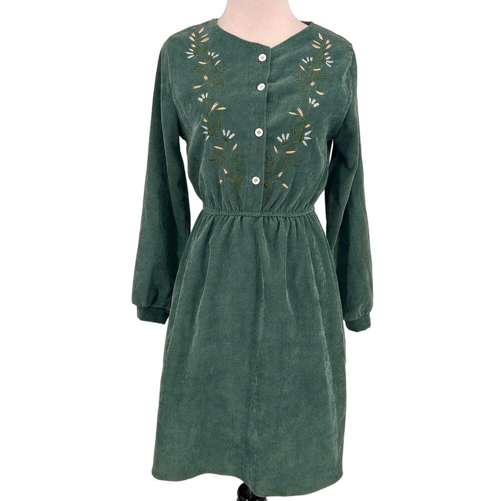 Hanmeiyi Women's Green Corduroy Floral Embroidered Dress Size Small